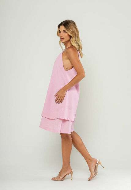 Vestido Curto Com Alças Finas e Babado Duplo Rosa Salvatore