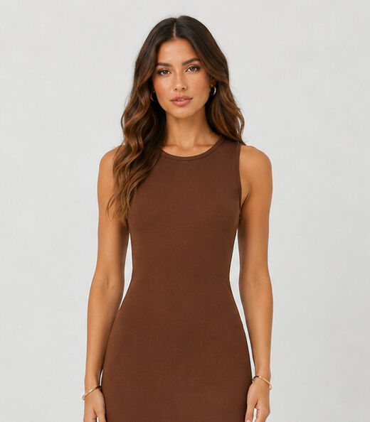 Vestido Midi Feminino Em Ribana Infinita Cor Marrom