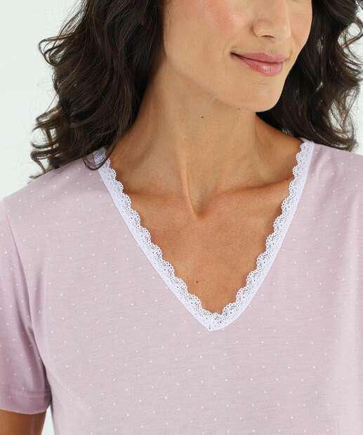 Pijama Feminino Poá Renda Manga Curta Marisa Lilás