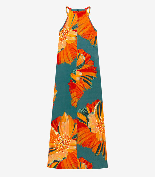 Vestido Longo Estampado Sem Manga Infinita Cor Azul