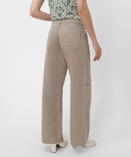 Calça Wide Leg Feminina Sarja Bolsos Bege