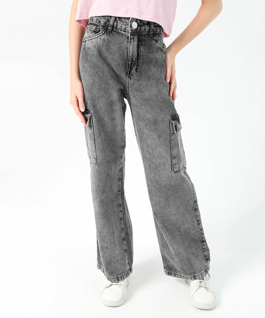 Calça Juvenil Jeans Wide Leg Cargo Tam 10 a 16 Marisa Preto