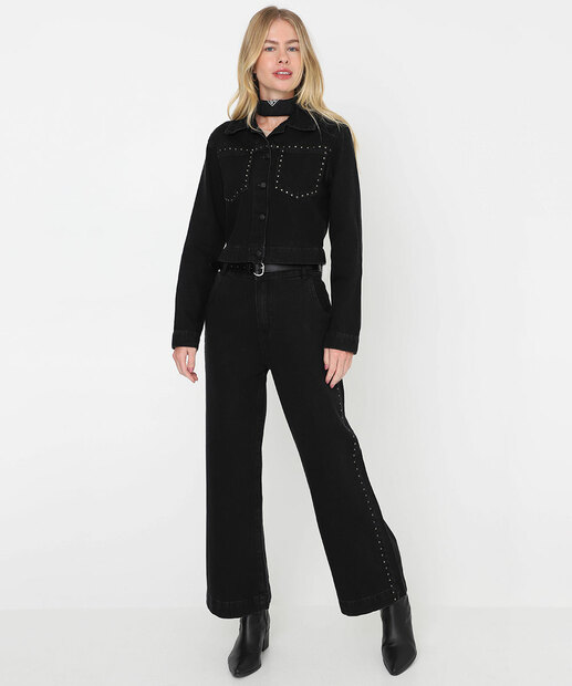 Jaqueta Feminina Jeans Bolsos Tachas Preto
