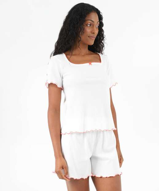 Pijama Feminino Canelado Manga Curta Marisa Off White