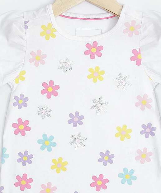 Camiseta Infantil Estampa Flores Paetê Marisa Tam 1 a 4