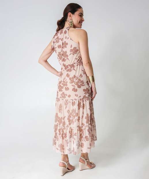Vestido Midi Feminino Halter Neck Floral Marisa Bege