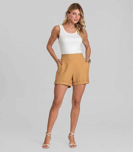 Shorts Feminino Cós Largo Em Alfaiataria Dianna Marrom