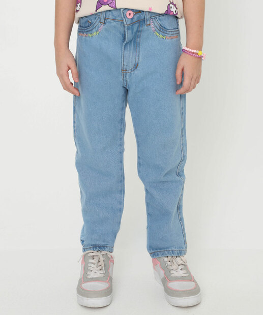 Calça Jeans Infantil Bordado Bolsos Tam 4 a 10 Azul