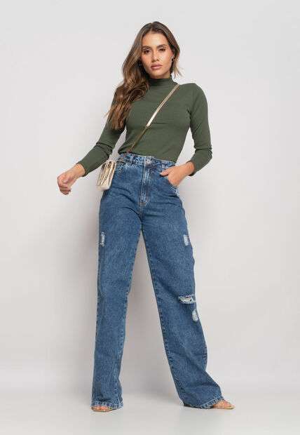 Blusa Gola Alta Manga Longa Malha Canelada Verde Salvatore Fashion