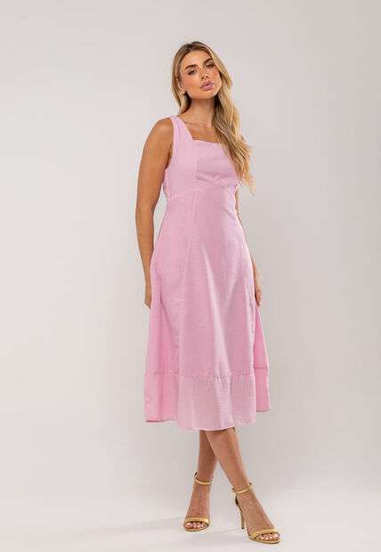 Vestido Midi Decote Reto e Alça Larga Rosa Salvatore