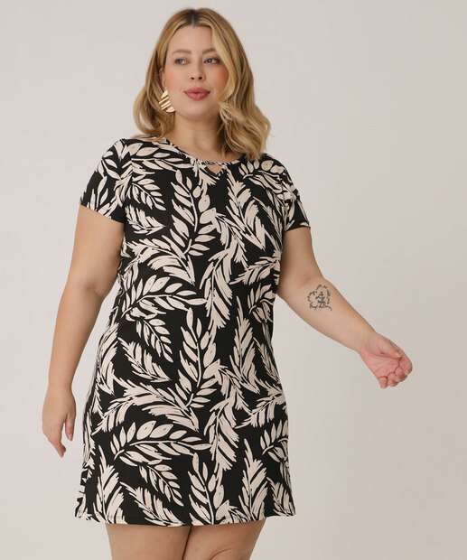 Vestido Plus Size Feminino Folhas Manga Curta Marisa