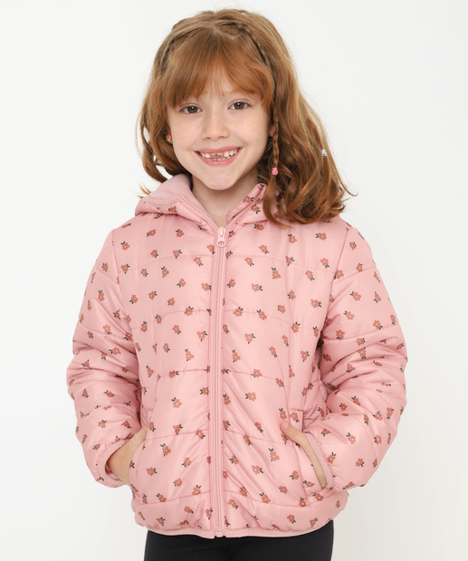 Jaqueta Infantil Puffer Capuz Floral Tam 4 a 10 Marisa Rosa