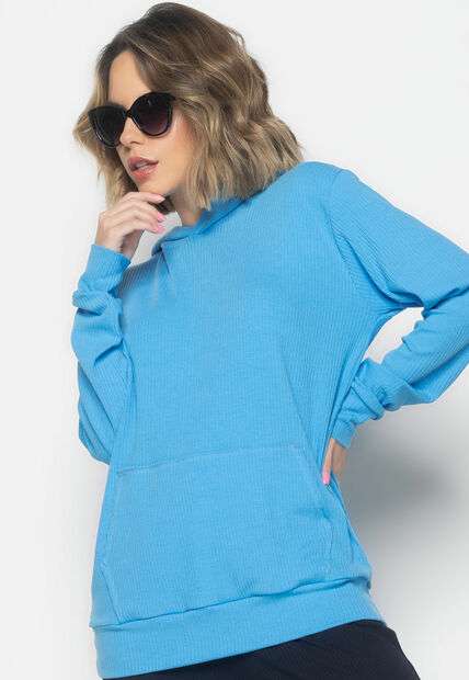 Casaco Capuz Oversized Com Bolso Canelado  Fashion Azul Claro