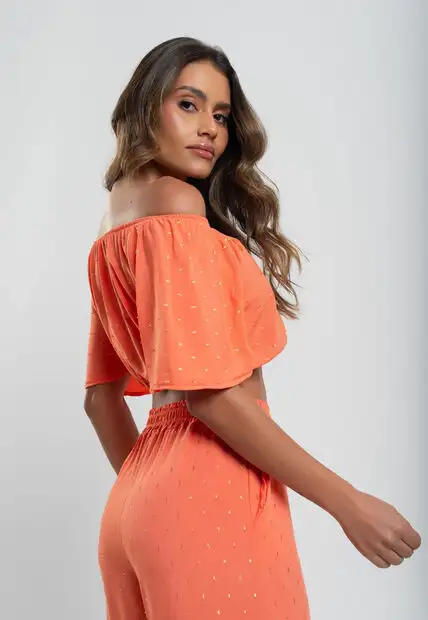 Calça Pantalona Viscose Com Lurex Laranja Salvatore Fashion