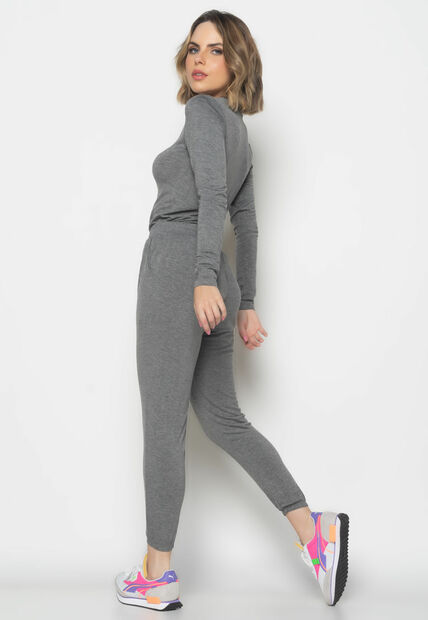 Conjunto  Comfy Com Blusa Manga Longa e Jogger Recorte Malha Grafite
