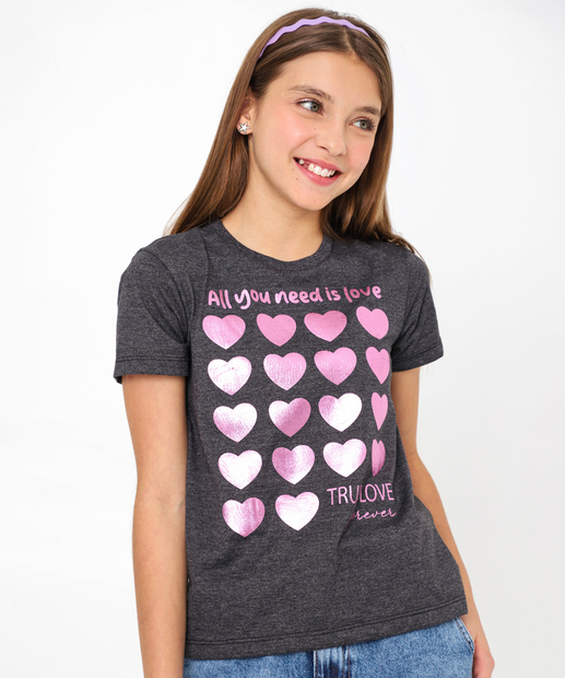 Camiseta Juvenil Estampa Foil Corações Marisa Tam 10 a 16 Chumbo