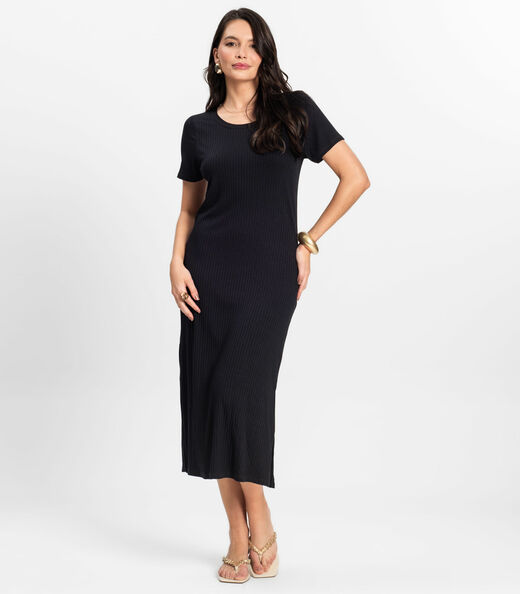 Vestido Midi Ribana Canelada Básico Rovitex Preto
