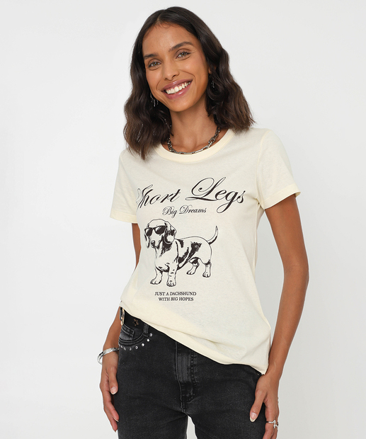 Image_Camiseta Feminina Estampa Cachorro Manga Curta Marisa Bege