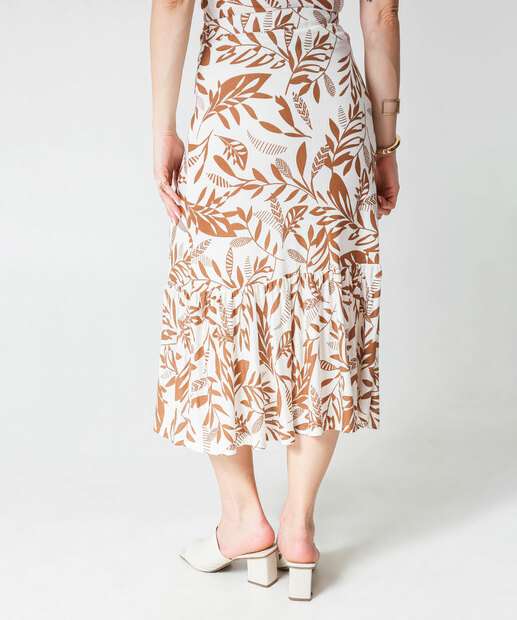 Saia Midi Feminina Estampa Folhas Babado Marisa