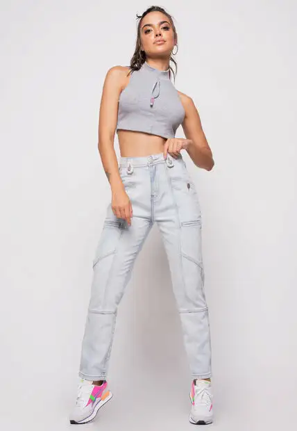 Cropped  Regata Sport Cadarço Gola Malha Canelada Mescla