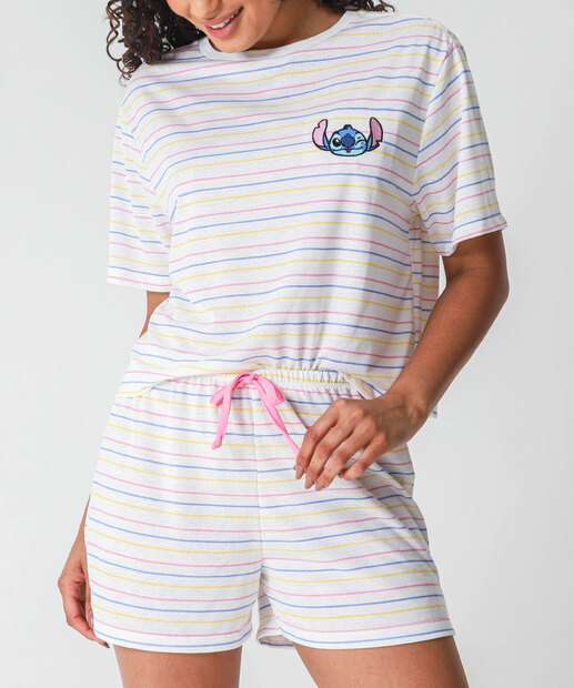 Pijama Feminino Stitch Listrado Off White
