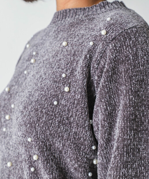 Suéter Feminino Chenille Pérolas Marisa Cinza