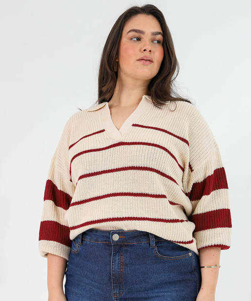 Image_ Blusa Plus Size Tricot Listrada com Gola Polo Marisa