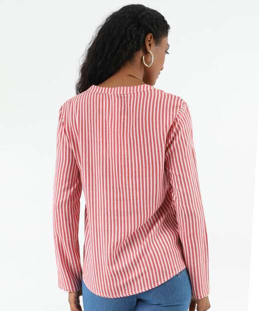 Camisa Feminina Listrada Manga Longa Marisa Bege