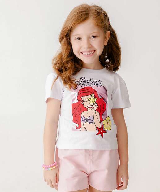 Camiseta Infantil Estampa Foil Ariel Disney Tam 4 a 10