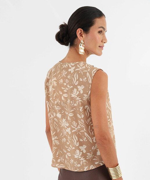 Blusa Feminina Crepe Flores Sem Manga Marisa Bege
