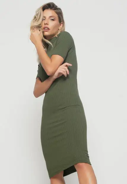 Vestido  Midi Manga Curta Canelado Verde Salvatore Fashion