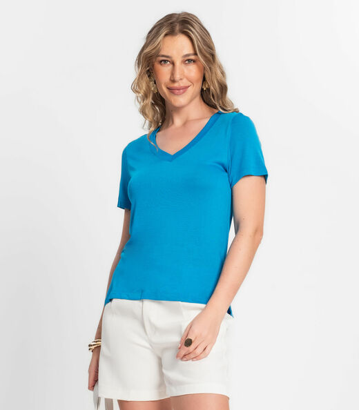 Blusa Feminina Manga Curta Decote V Endless Azul