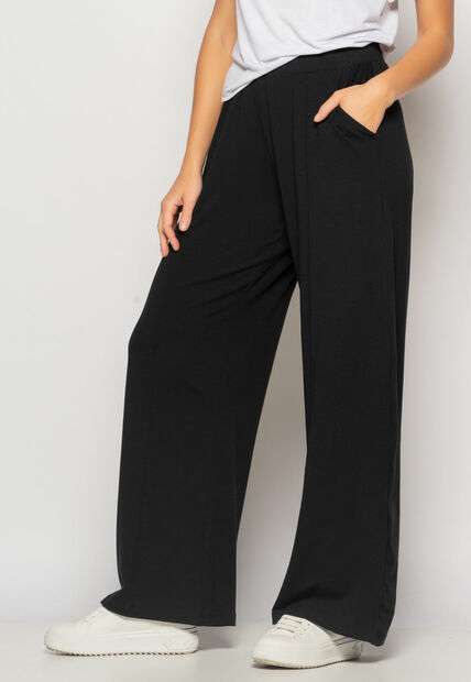 Calça Wide Leg Com Bolso Malha Preto Salvatore Fashion