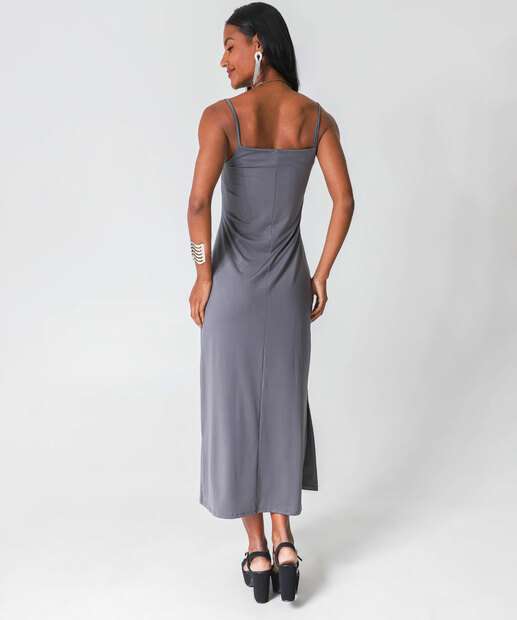 Vestido Longo Feminino Fenda Alças Finas Marisa Cinza