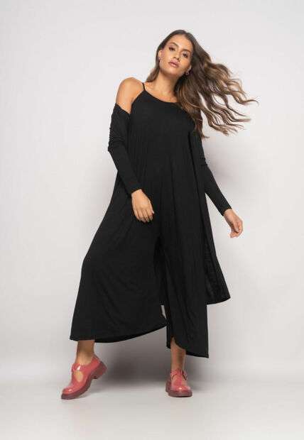 Conjunto Macacão Pantalona e Kimono Malha Preto Salvatore