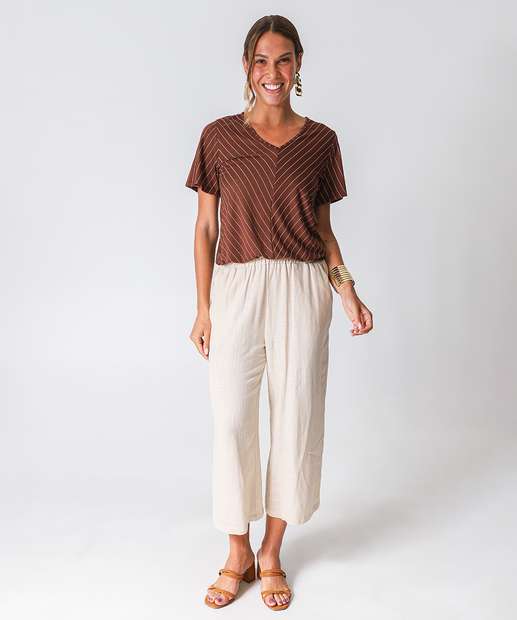 Blusa Feminina Listrada Manga Curta Marisa Marrom