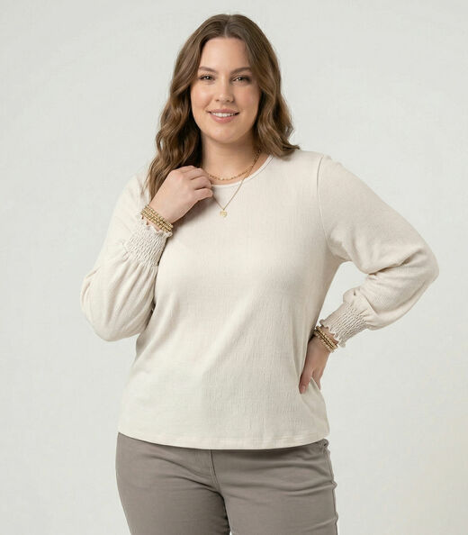 Blusa Manga Longa Lastex Plus Size Secret Glam Bege