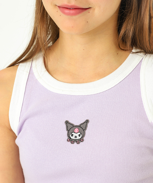 Blusa Juvenil Regata Canelada Kuromi Tam 10 a 16 Lilás