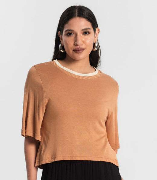 Camiseta Feminina Meia Malha Manga Fluída Rovitex Marrom