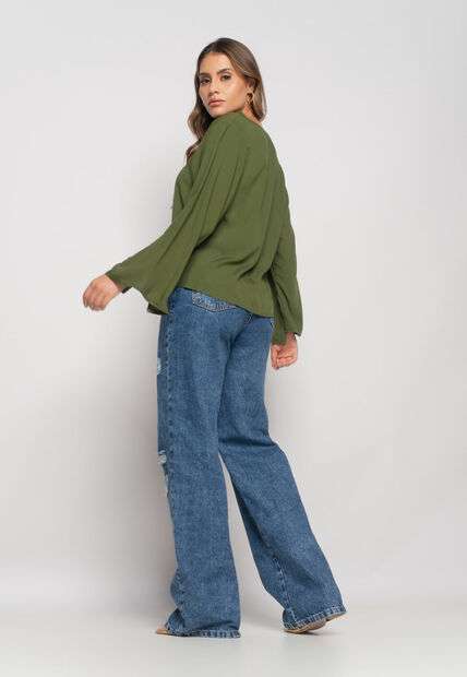 Blusa Manga Longa Flare Viscolinho Verde Salvatore