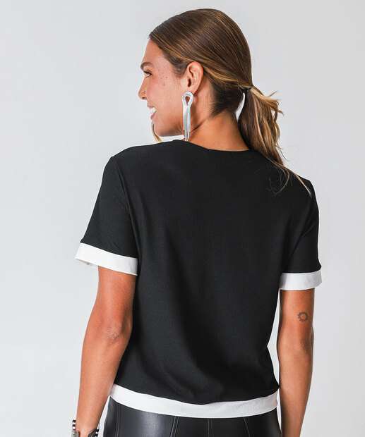 Blusa Feminina Bicolor Manga Curta Marisa Preto