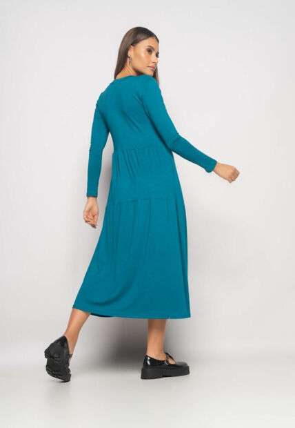 Vestido Midi Manga Longa Com Babado Malha Azul Salvatore