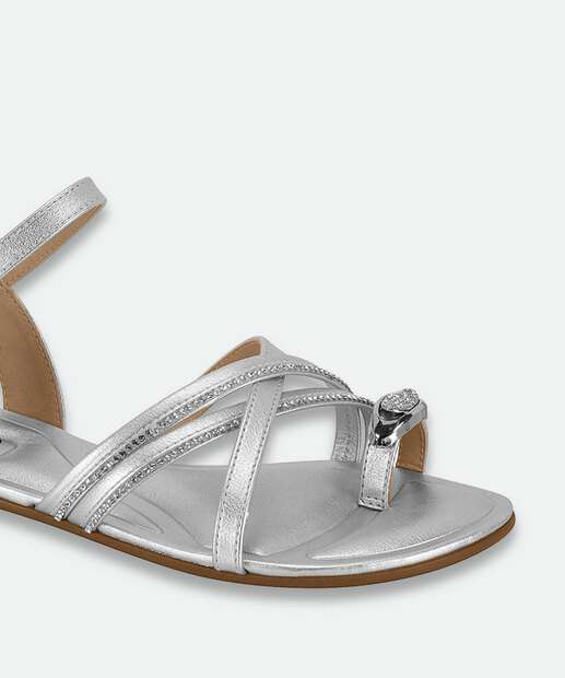 Sandália Feminina Rasteira Metalizada Beira Rio Prateado