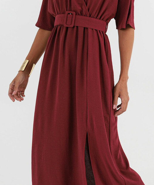 Vestido Feminino Midi Cinto Fenda Marisa Vinho