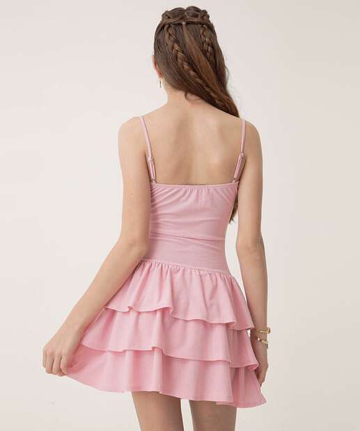 Vestido Juvenil Alças Finas Babado Marisa Tam 10 a 16 Rosa