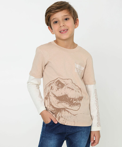 Image_Camiseta Infantil Sobreposição Dinossauro Marisa Tam 4 a 10 Bege