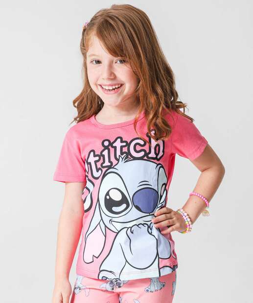 Conjunto Infantil Estampa Stitch Tam 4 a 10 Rosa