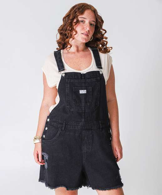 Image_Jardineira Plus Size Feminina Jeans Destroyed Preto