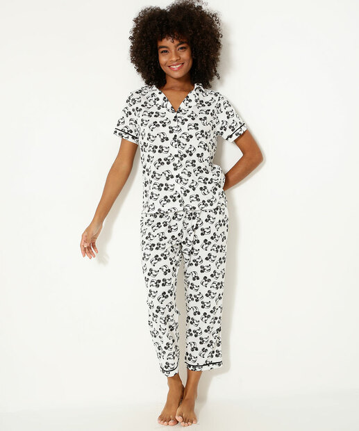 Pijama Americano Feminino Estampa Mickey Manga Curta Disney