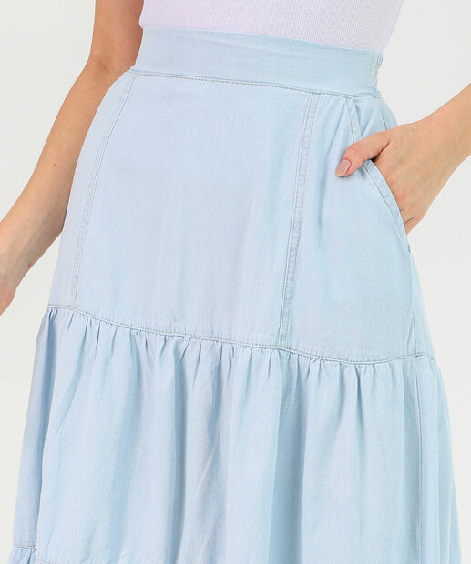 Saia Midi Feminina Azul Claro com Babados Marisa
